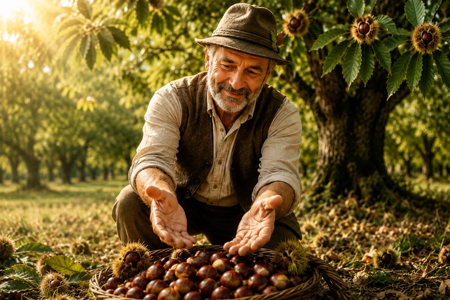 Uomo in un castagneto con cesto di castagne